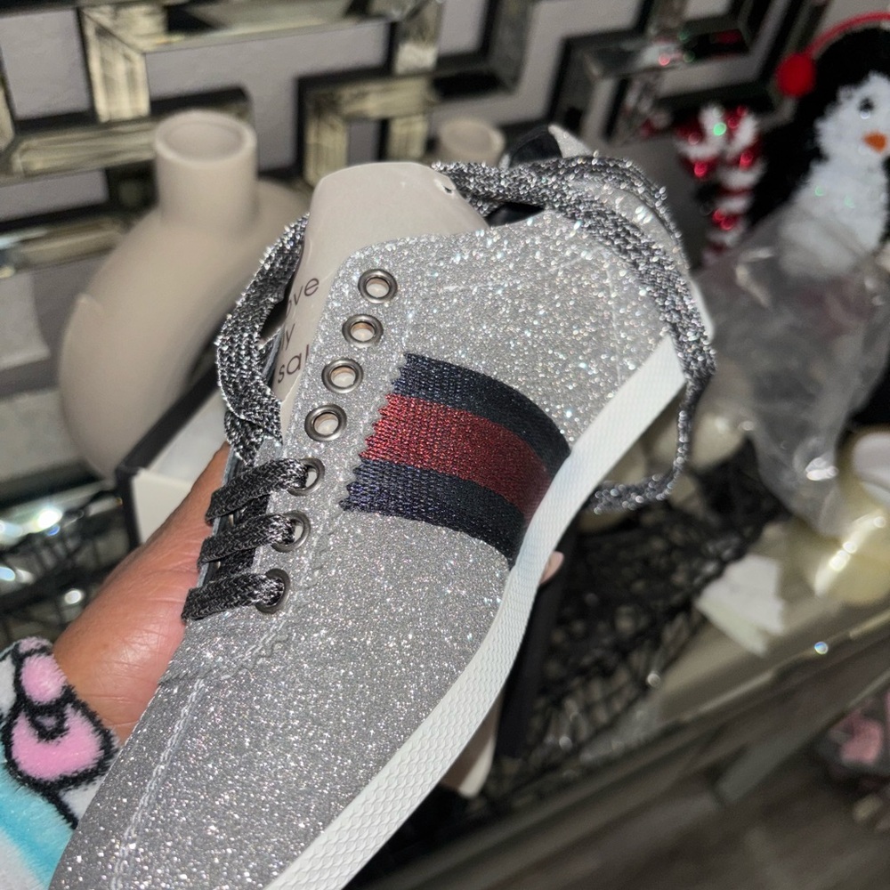 Gucci Silver Sneakers with Navy blue and Red Accents